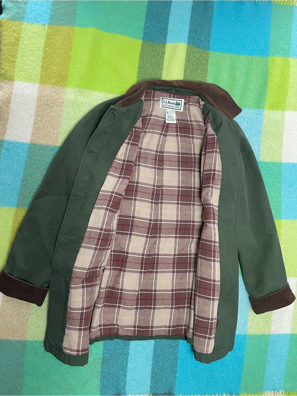 LL Bean Adirondack Barn Coat Womens Chore Jacket Green Flannel Plaid Lined - Picture 4 of 5